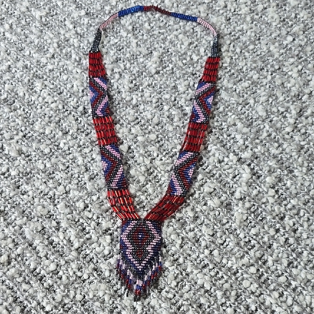 Vintage Red and Pink Geometric Statement Necklace with Pendant